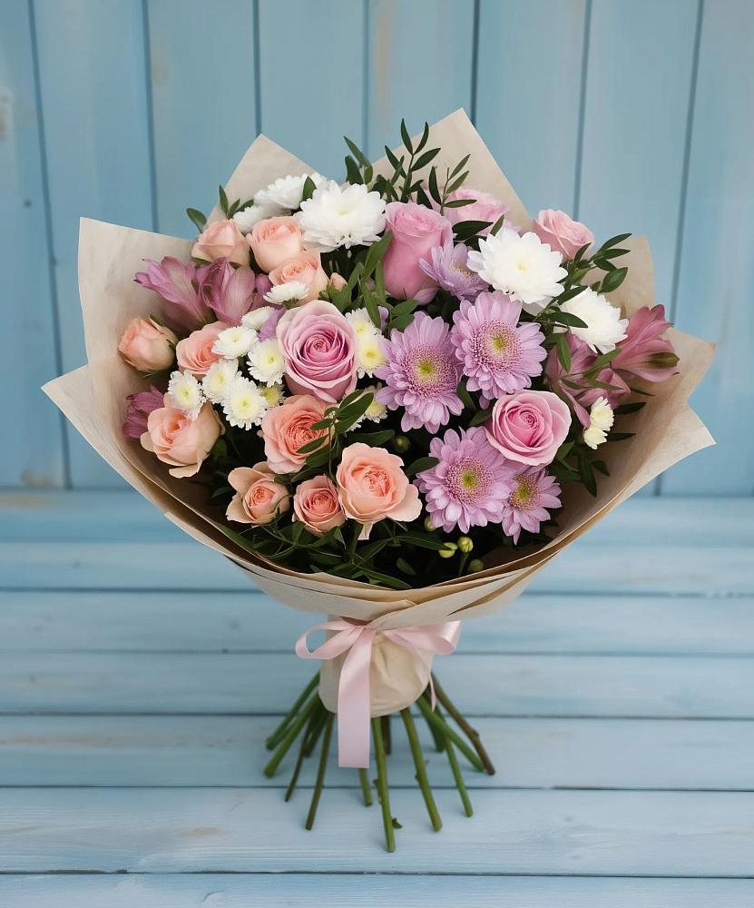 Букет цветов из: Хризантемы, Розы и Альстромерии в Якорная Щель