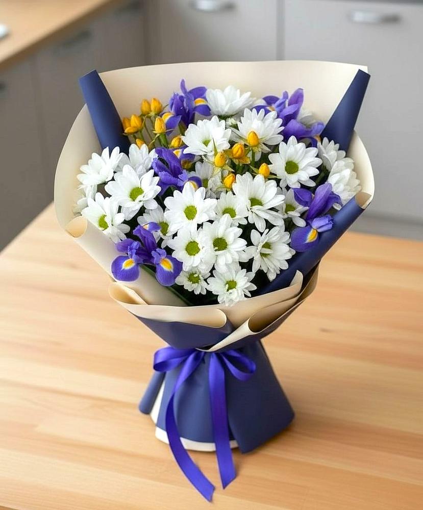 Букет цветов из: Розы, Ирисы и Хризантемы в Якорная Щель