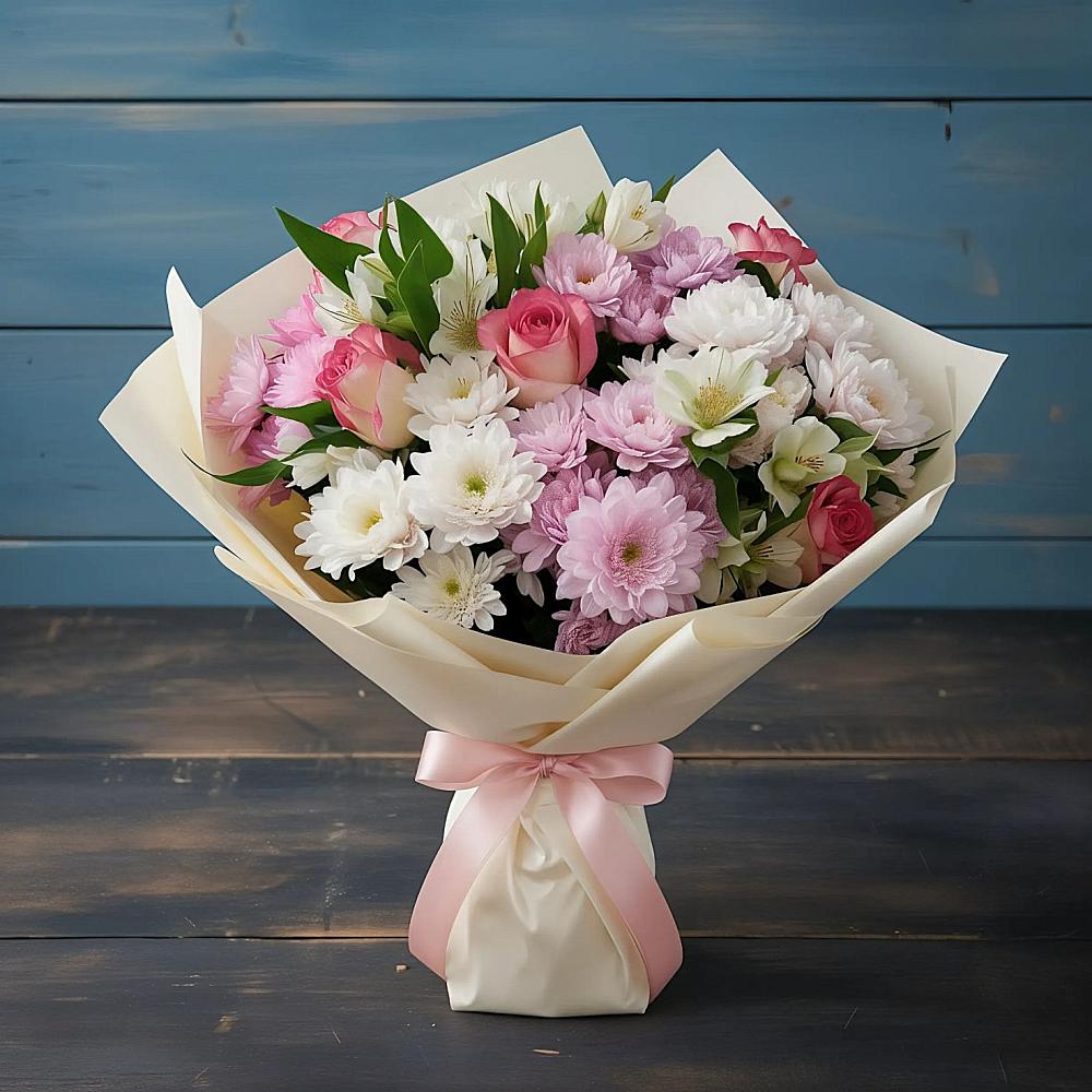 Букет цветов из: Хризантемы, Альстромерии и Розы в Якорная Щель